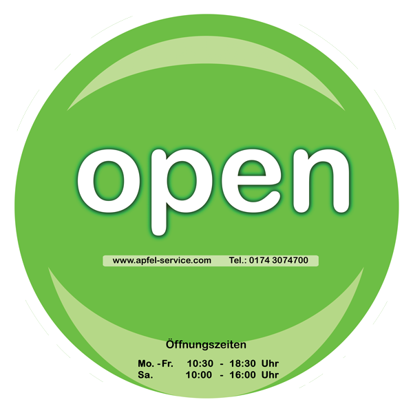 Öffnungszeiten und Open Schild Apfel Service Bremen