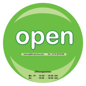Öffnungszeiten und Open Schild Apfel Service Bremen