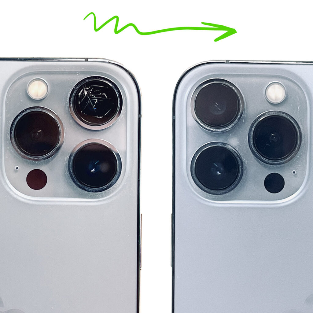 iPhone 13 Pro und 13 Pro Max Kamerglas Reparatur bei uns. Vorher- und Nachherfoto.